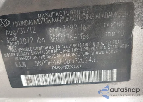 2013 Hyundai Elantra Gls from USA, damaged, VIN 5NPDH4AE0DH220243